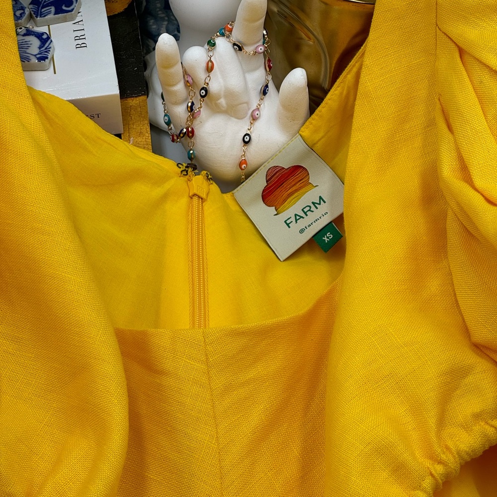 🆕 FARM Rio 🧿 NWOT Linen Cut Out Midi Dress, Yellow - Size XS - Picture 12 of 16